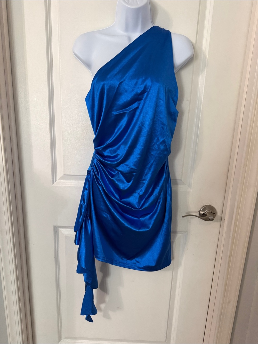 One-Shoulder Sapphire Satin Ruched Mini Dress